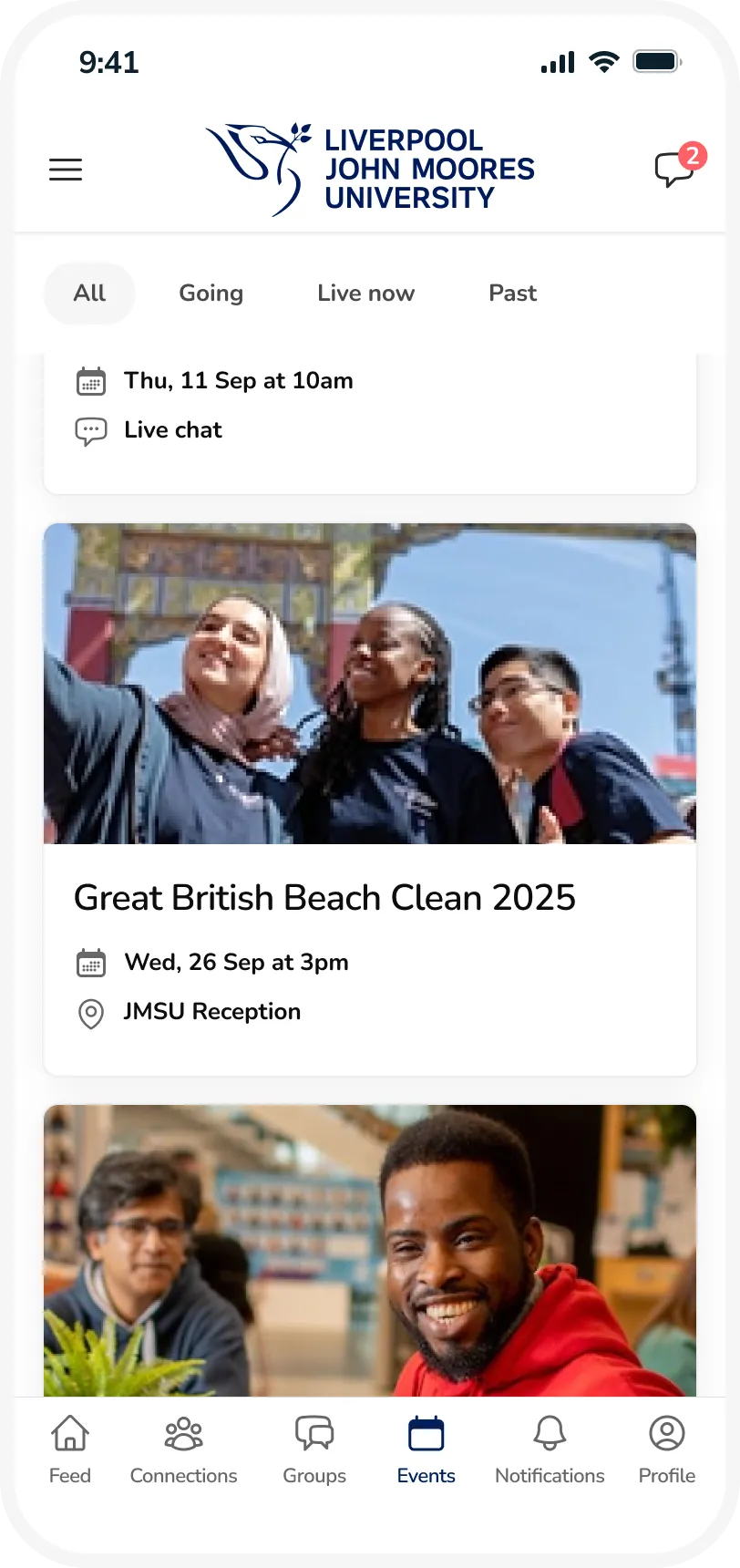 Liverpool John Moores University’s CampusConnect app on a phone, showing upcoming events