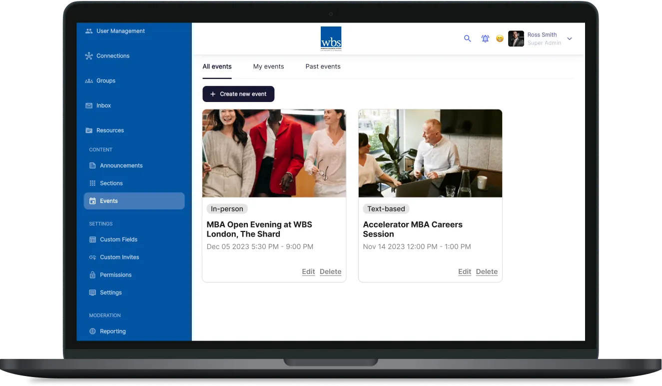 Events in the Warwick Business School CampusConnect dashboard on a laptop