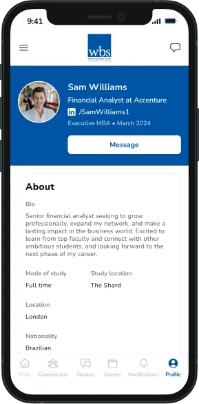 A candidate profile in the Warwick Business School app