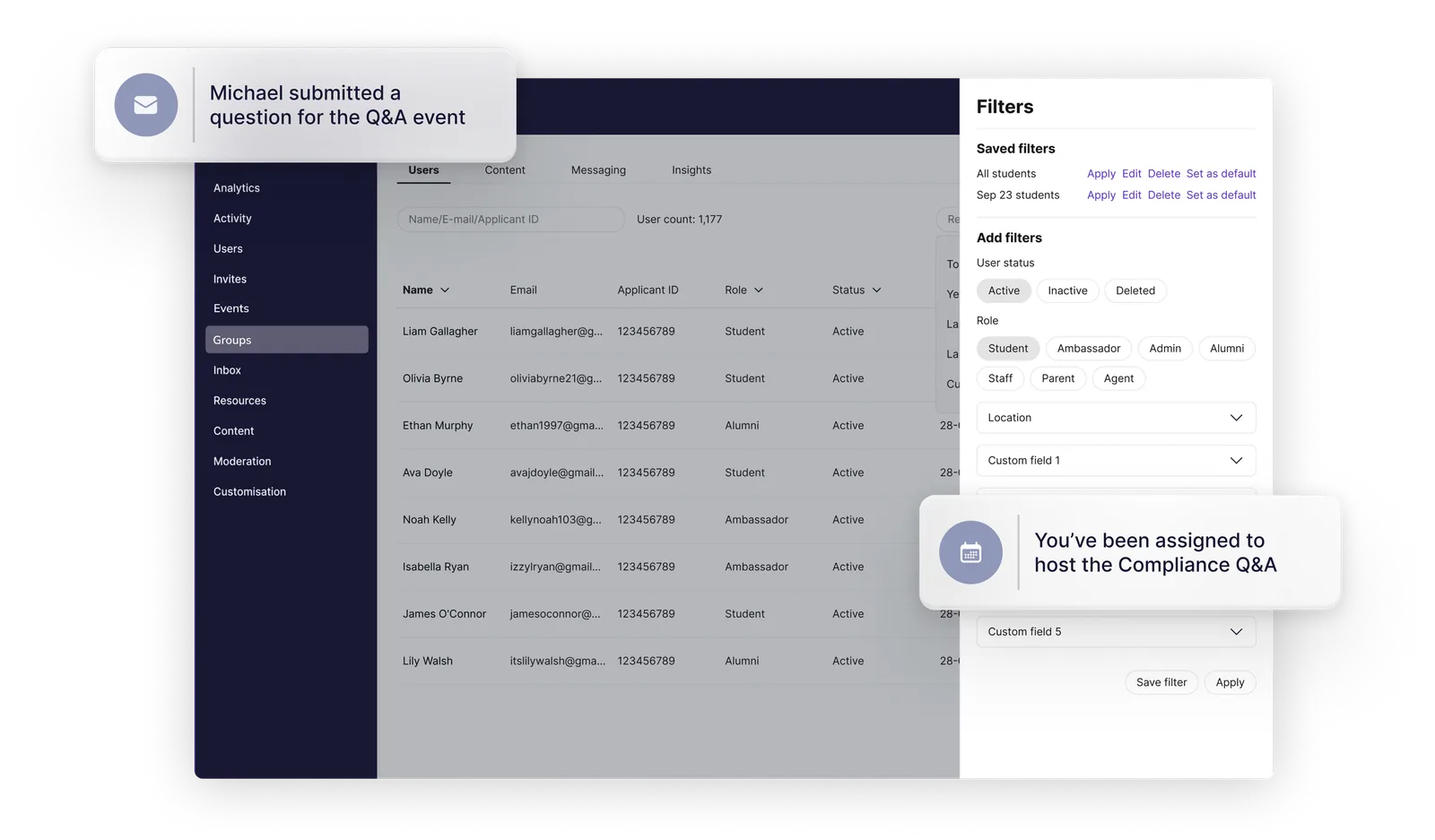 The CampusConnect admin dashboard with users, groups, events and filters