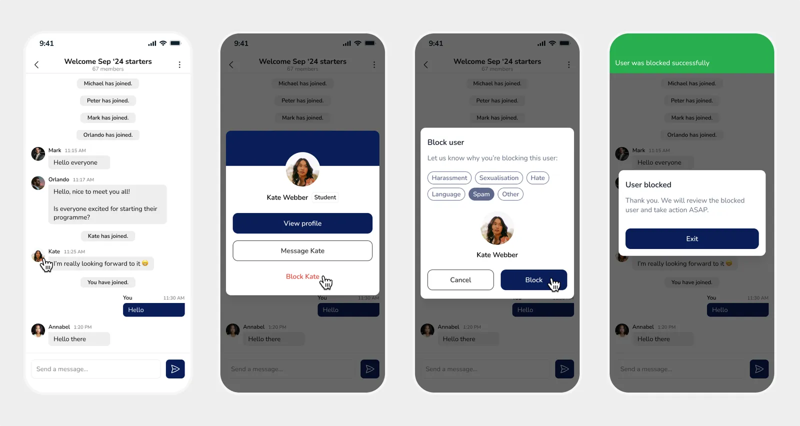 The four steps to block a user in the CampusConnect app