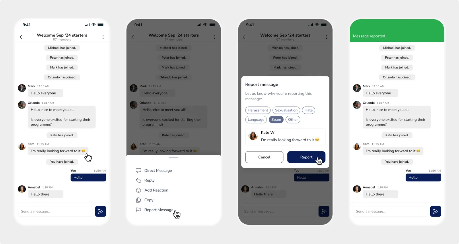 The steps to report a message in the CampusConnect app