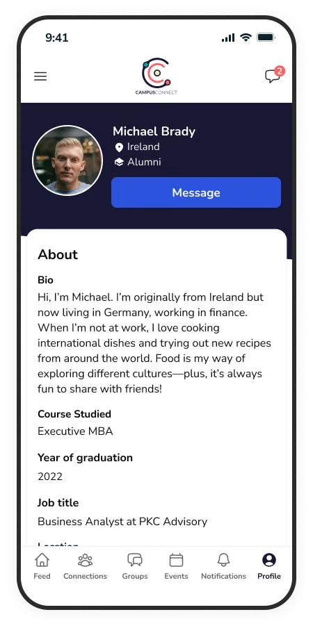 An alumni profile on CampusConnect, with course, graduation year and job title