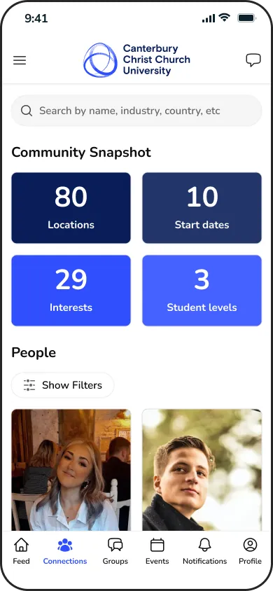 Canterbury Christ Church University’s community snapshot and people on a phone