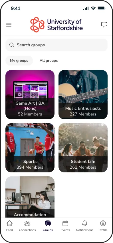 The University of Staffordshire’s CampusConnect groups on a phone