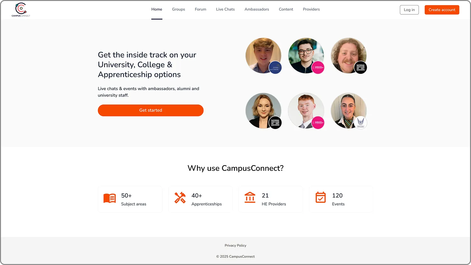 The CampusConnect Hub home page with live chats, events and ambassador photos