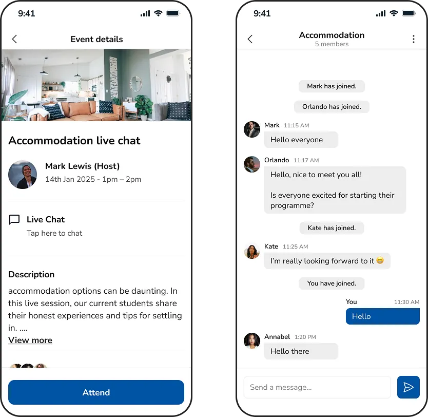 An accommodation live chat on CampusConnect: the event page and the chat