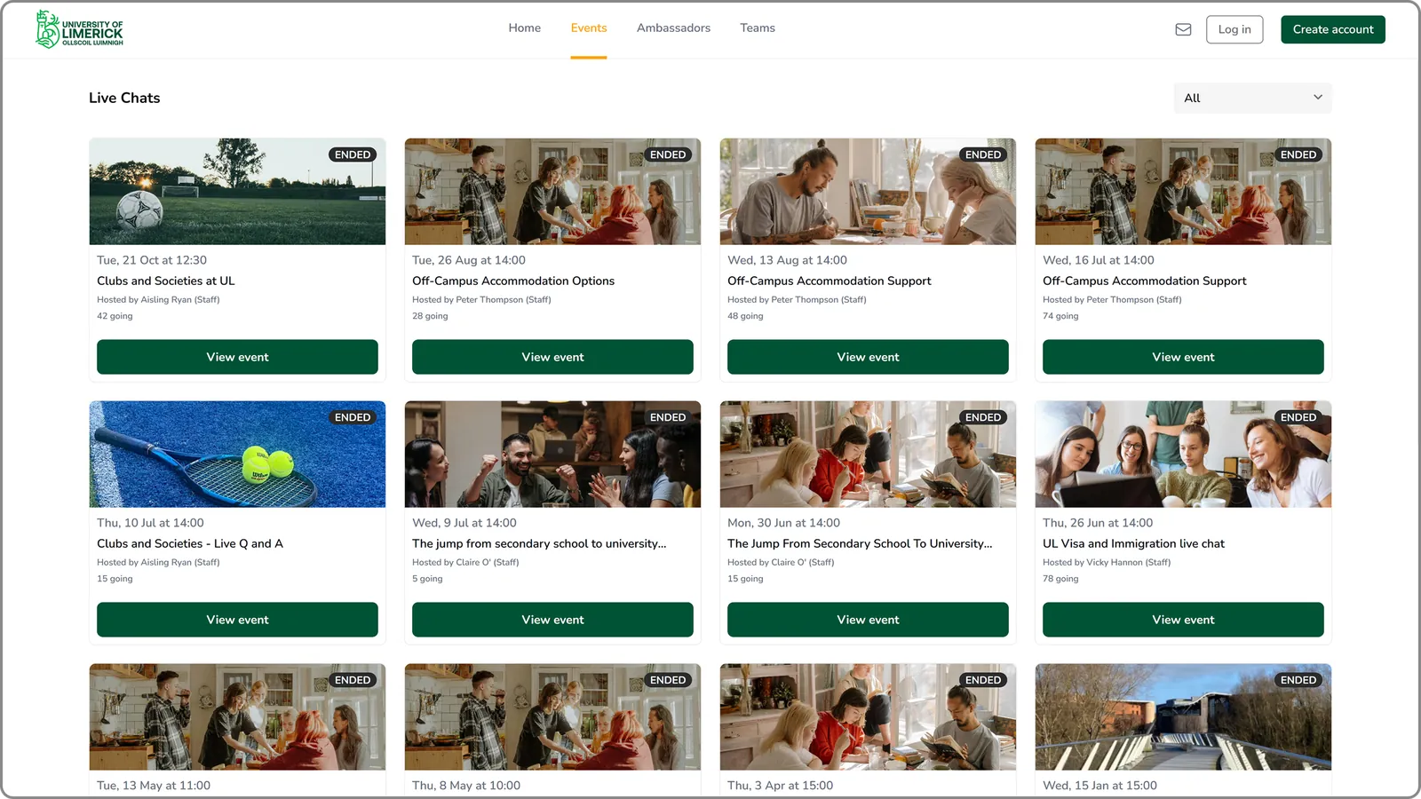 The University of Limerick’s live chats page on CampusConnect