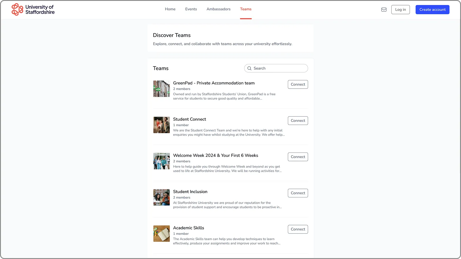The Teams page in the University of Staffordshire’s CampusConnect